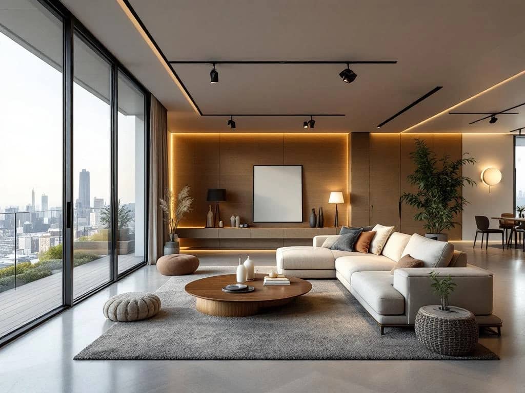 Luxe penthouse woonkamer met hoge glazen wanden, designmeubels in neutrale tinten, zwevende trap en naadloze overgang naar terras met panoramisch uitzicht.