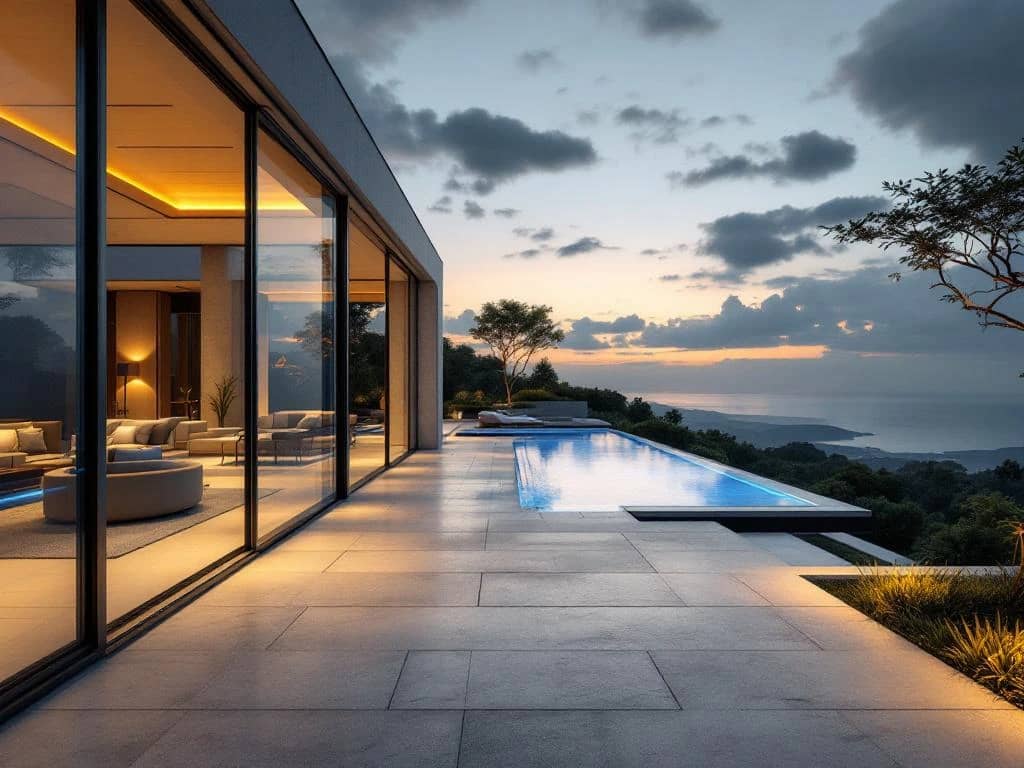 Moderne luxevilla in avondlicht met glazen wanden, naadloze overgang tussen binnen en buiten, infinity zwembad en stijlvolle natuurlijke materialen.