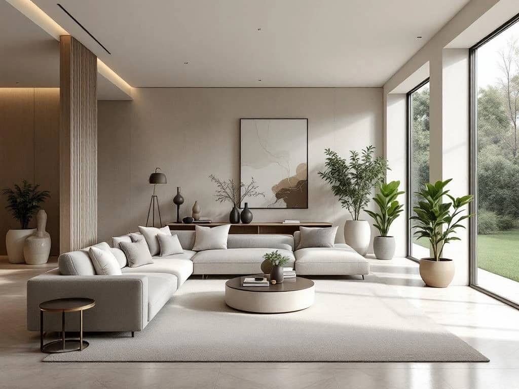 Luxueus open wooninterieur met minimalistische en biophilic elementen, designbank op handgeknoopt tapijt, grote ramen en weelderige planten.