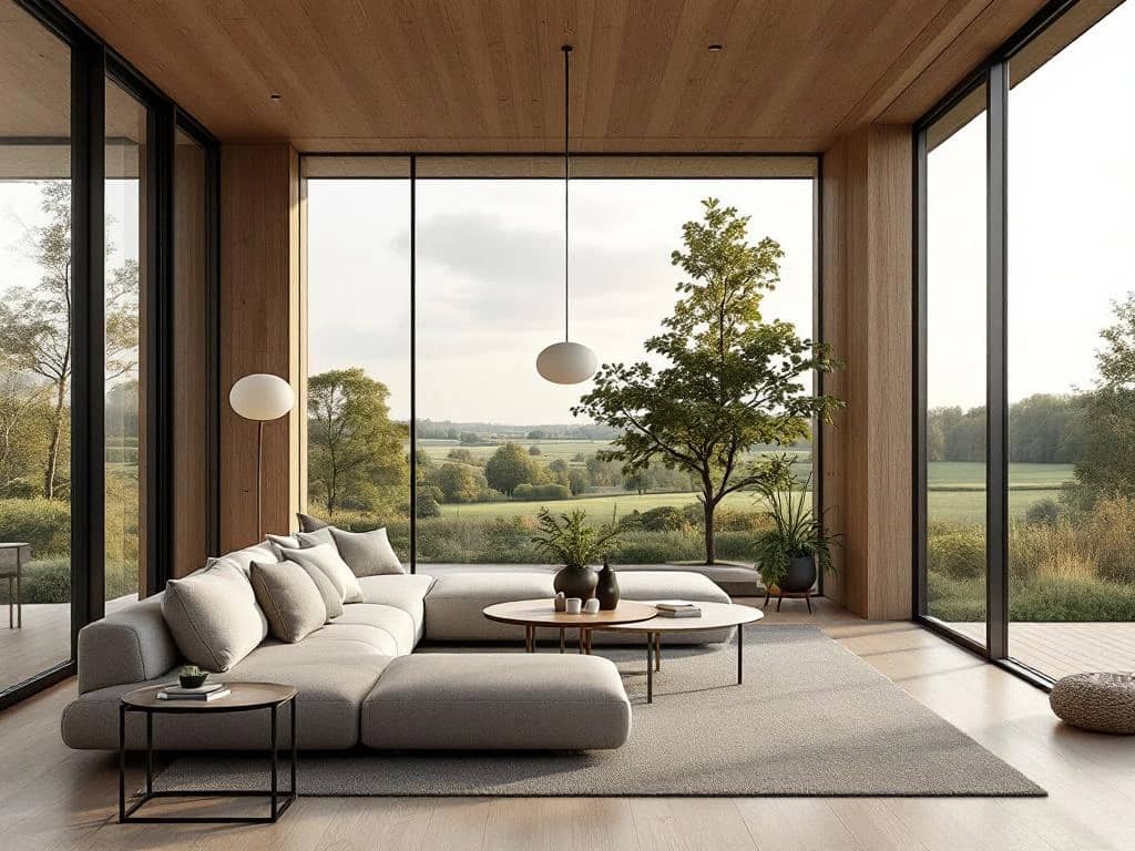Luxueus open wooninterieur met panoramavensters, modulaire zithoek in aardetinten, duurzame materialen en strategisch geplaatste planten in avondlicht.
