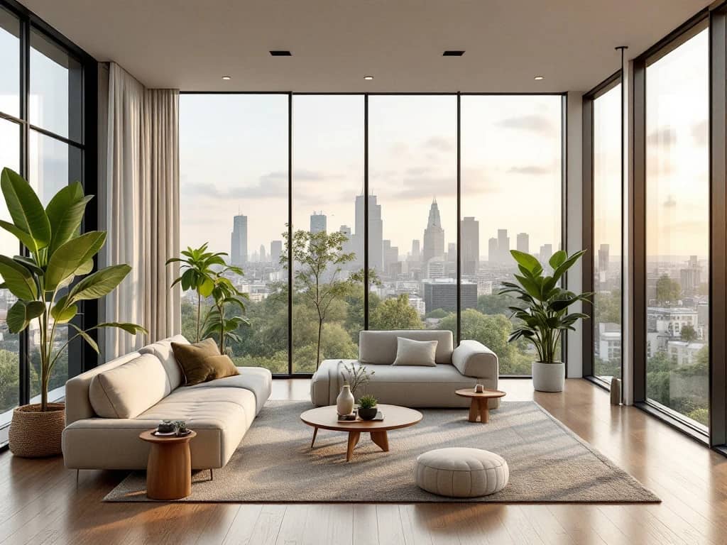 Luxe woonkamer met panoramische stadsuitkijken in avondlicht, weelderige planten, duurzame materialen en slimme technologie in harmonieuze aardetinten.