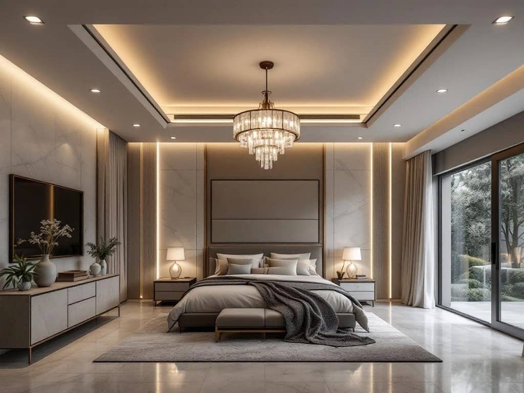 Luxe woonkamer in avondlicht met kristallen kroonluchter, indirecte verlichting en LED-accenten die een sfeervolle ambiance creëren op hoogwaardige materialen.