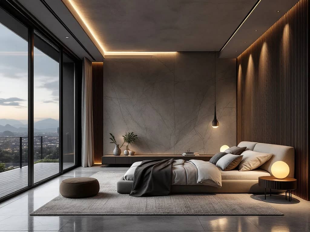 Luxe woonkamer met contrasterende stijlen: minimalistisch versus organisch design, designerlamp en marmer-houten wand met uitzicht.