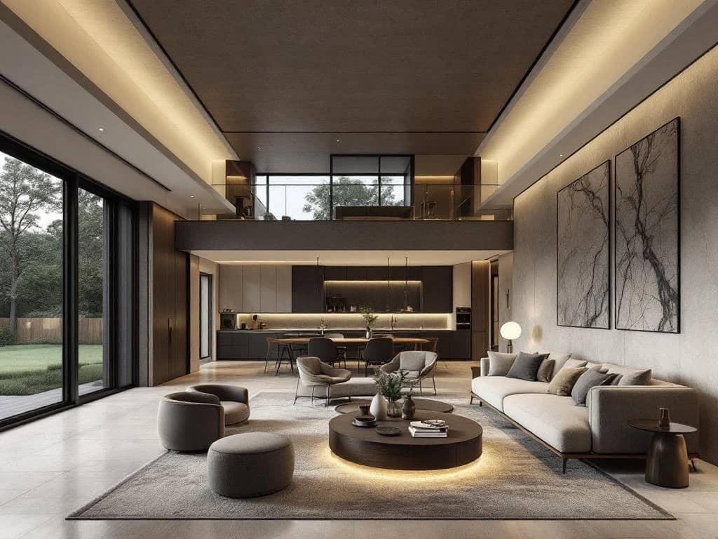 Luxe woonkamer met dubbelhoge plafonds, grote ramen en architecturale tekentafel met interieurplannen naast designkeuken en glazen trap.