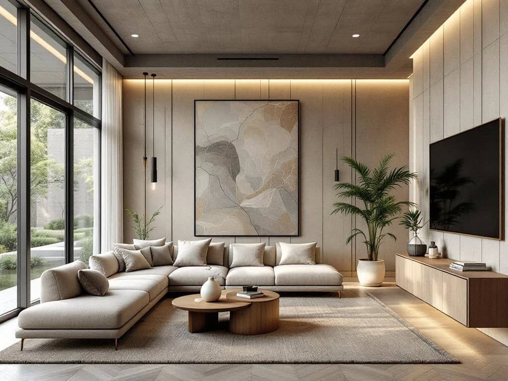 Luxe woonkamerdesign met natuurlijke meubels, weelderige planten en duurzame materialen. Groot raam verbindt de elegante binnenruimte met buitennatuur in harmonieus geheel.