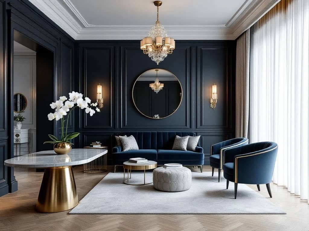 Luxueuze hotelchique woonkamer met fluwelen blauwe bank, marmeren salontafel en kristallen hanglamp in warm avondlicht. Elegante ruimte met verfijnde details.