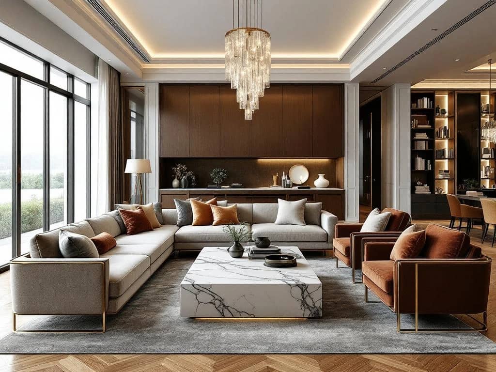 Luxueuze open leefruimte met designer meubilair in perfecte balans tussen modern en klassiek design, verrijkt met kristallen verlichting en contrasterende materialen.