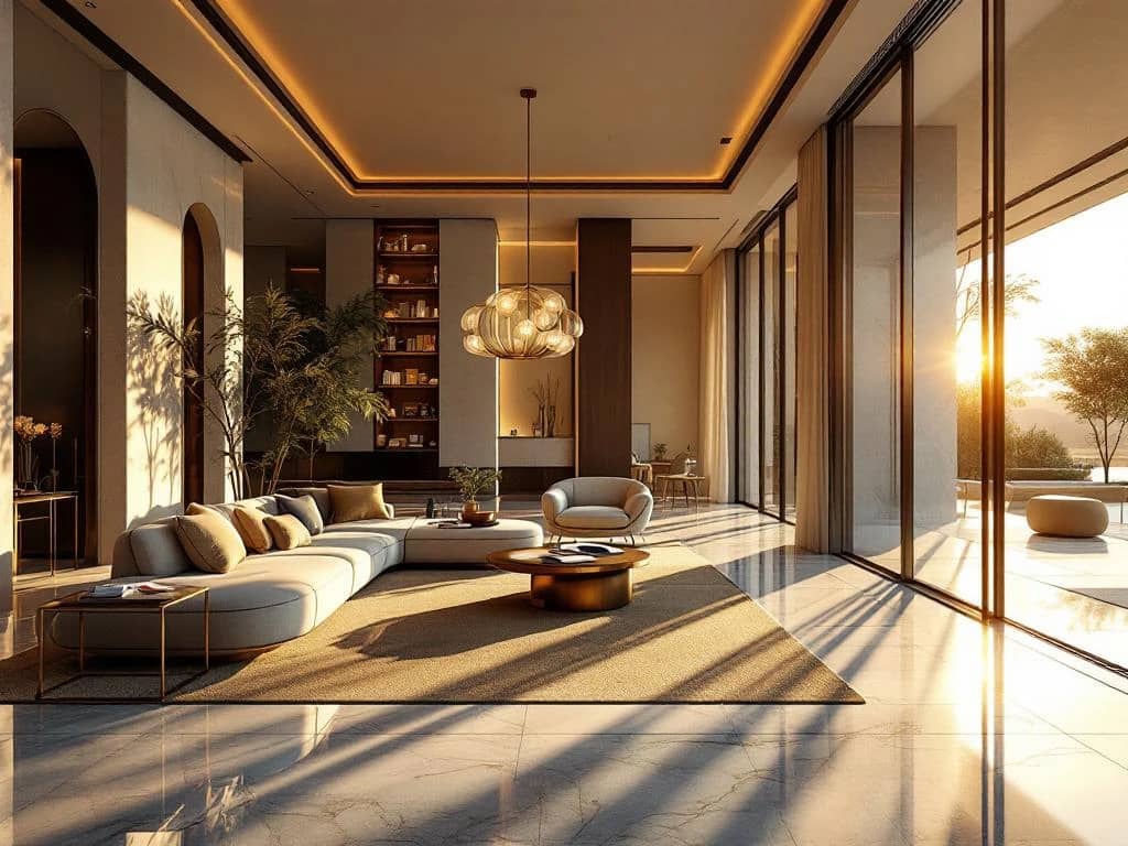 Luxe woonruimte in gouden zonlicht met designmeubels, marmeren vloer en naadloze binnen-buiten overgang. Ontwerpmaterialen tonen vakmanschap.
