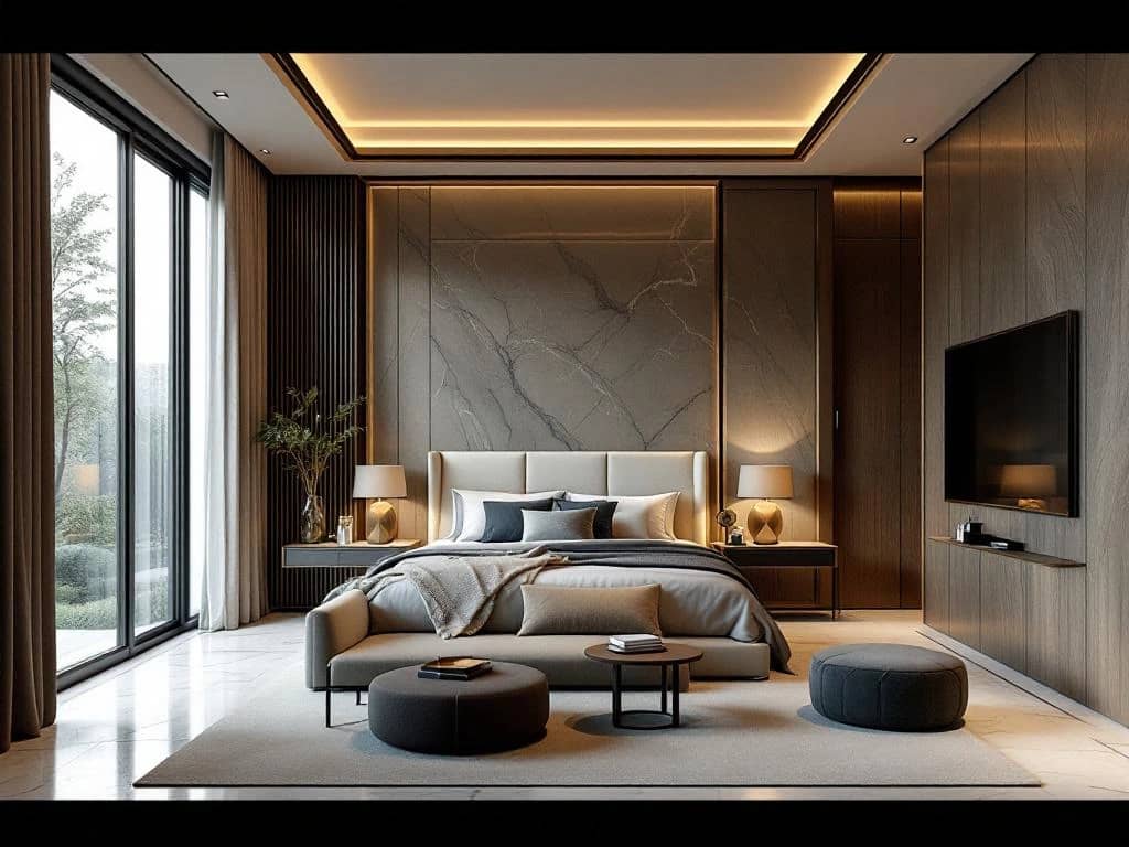 Luxe woonkamer in transformatie met perfect afgewerkt gedeelte links, ontwerpmateriaal in het midden en constructiefase rechts, in zachte namiddagbelichting.