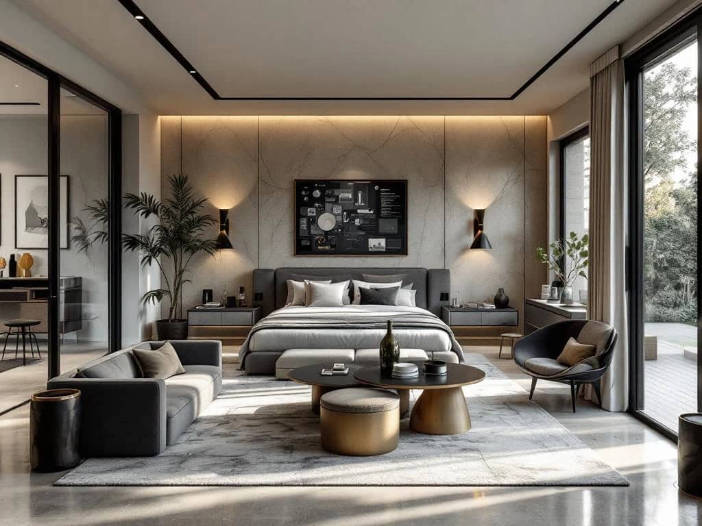 Luxe woonkamer interieurontwerp met materiaalstalen en technische tekeningen in een lichtgevulde ruimte met glazen schuifdeuren en op maat gemaakte meubels in neutrale tinten.