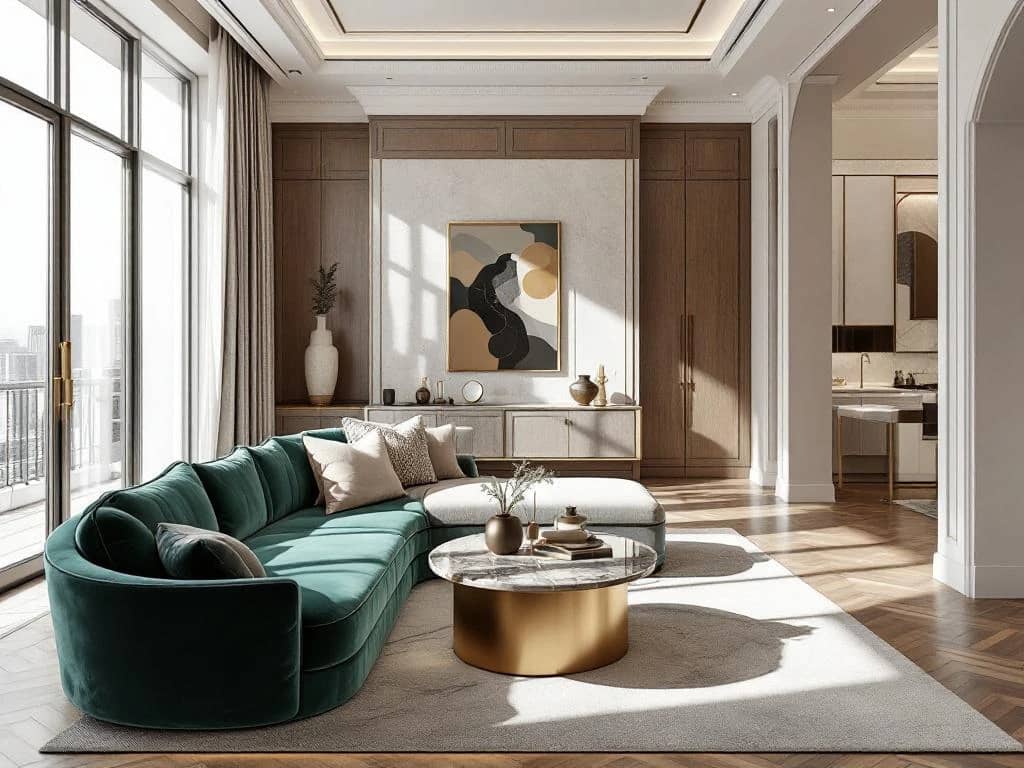 Luxe woonhoek met op maat gemaakte marmeren salontafel, fluwelen smaragdgroene bank, verfijnde architectuur en strategische verlichting die texturen benadrukt.