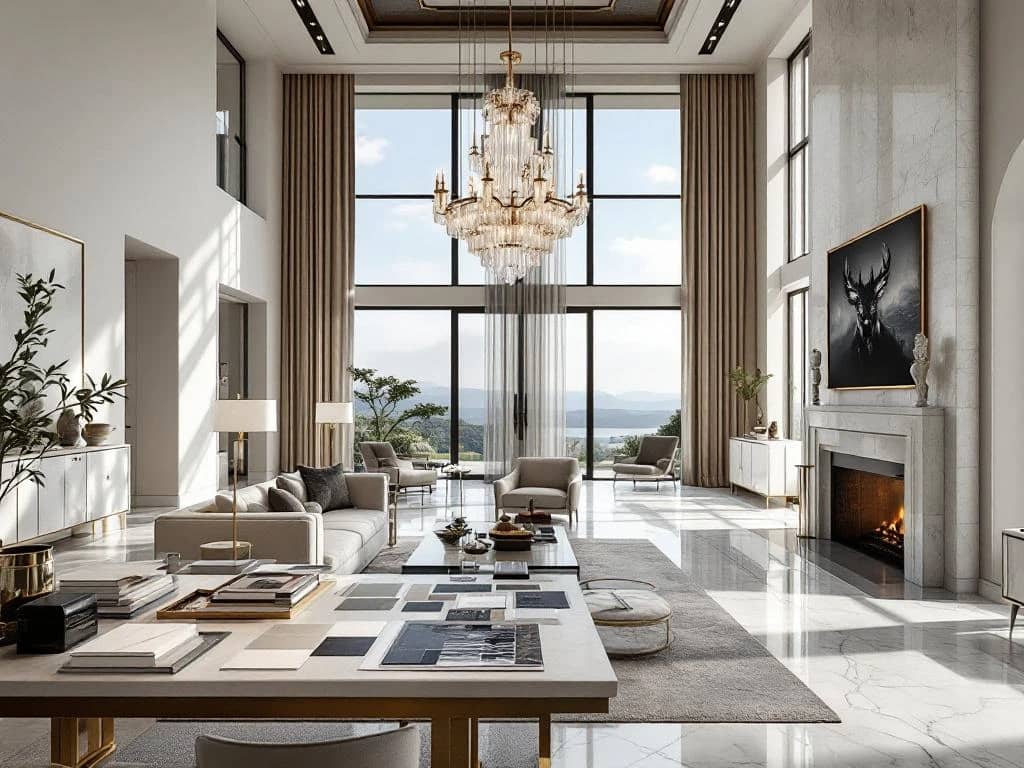 Luxe woonkamer met hoge plafonds, vloer-tot-plafond ramen, Italiaans marmeren vloer, kristallen kroonluchter en designmeubels in neutrale tinten met gouden accenten.