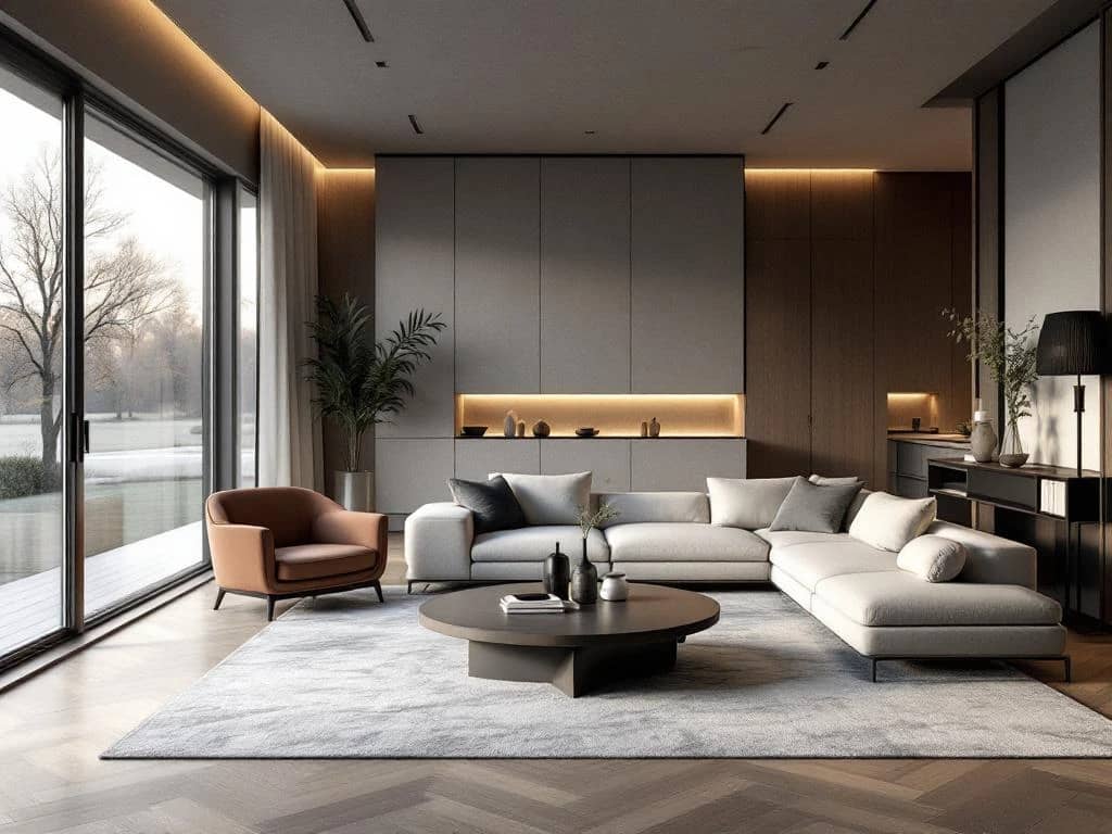 Elegante, ruime woonkamer met modulaire bank en leren fauteuil in modern interieur met glazen wanden, betonnen paneel en houten vloeren met uitzicht op stad.