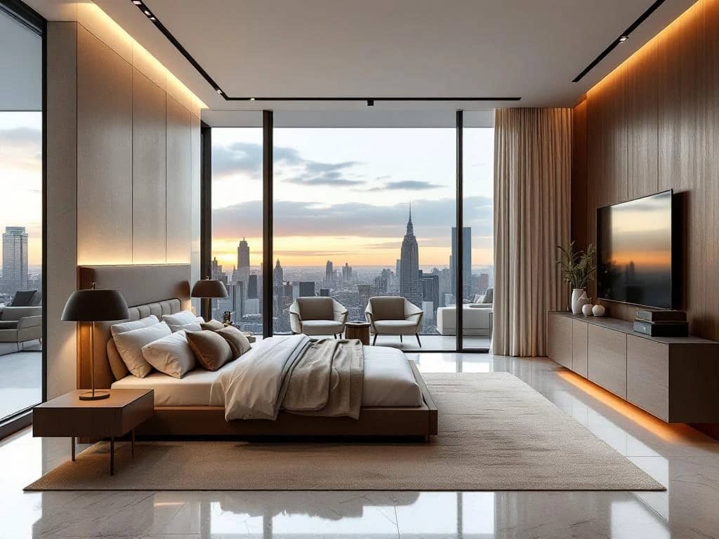 Elegante open woonkamer met sfeerverlichting, luxe materialen zoals marmer en hout, en grote ramen met uitzicht op stadshorizon tijdens gouden uur.