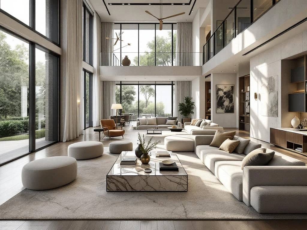 Luxe open woonruimte met vloer-tot-plafond ramen, marmeren salontafel en neutrale zitmeubels. Verfijnde texturen van steen, hout en stof in harmonieus design.