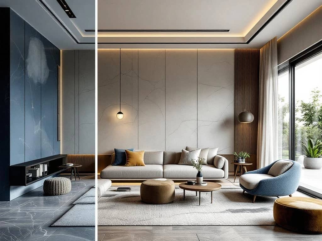 Luxe woonkamer in villa getoond in drie transformatiefasen: van blauwdrukken en materiaalstalen, via installatie van maatwerk, tot volledig afgewerkte ruimte met marmer en walnotenhout.