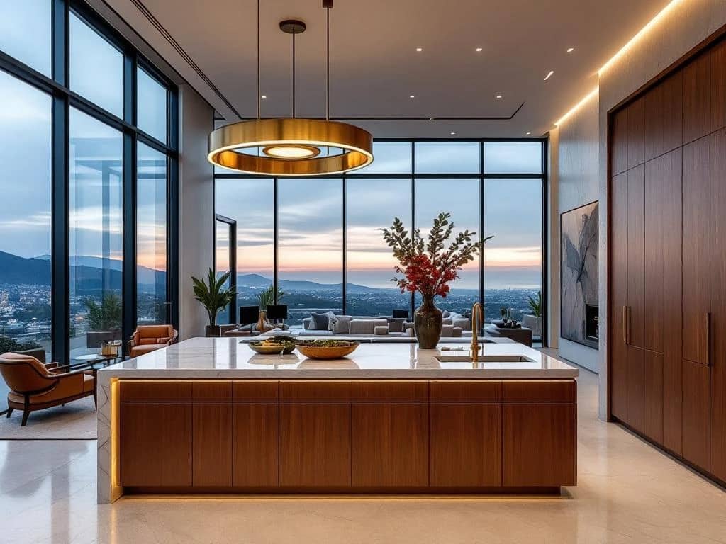 Luxe open woonruimte met vloer-tot-plafond ramen, marmeren eiland, walnoten kasten, design verlichting en hoogwaardige materialen in warm avondlicht.