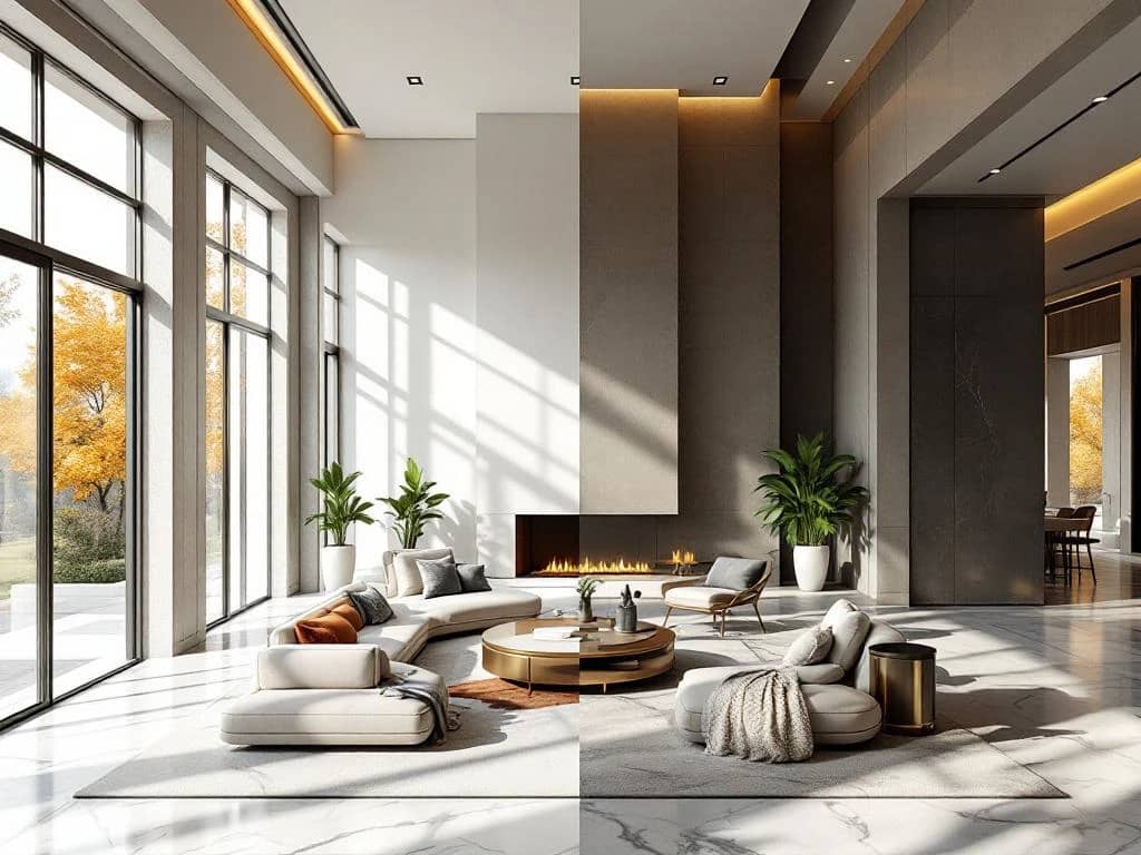 Luxe open woonruimte verdeeld tussen minimalistische en maximalistische inrichting, verbonden door centraal ontwerpelement met hoogwaardige materialen.
