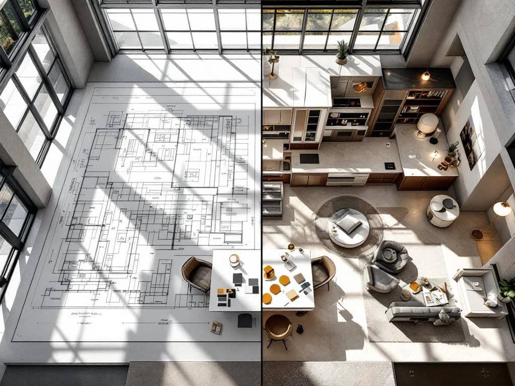 Vogelperspectief van luxe woningbouw: halfblauwdruk, half afgewerkt interieur met premium materialen en elegante verlichting van STATE of Interior.