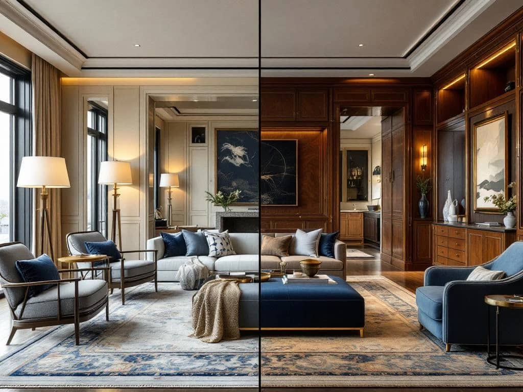 Vergelijking: standaard woonruimte naast luxueus interieur op maat met aangepaste kasten, premium meubels en sfeervolle verlichting.