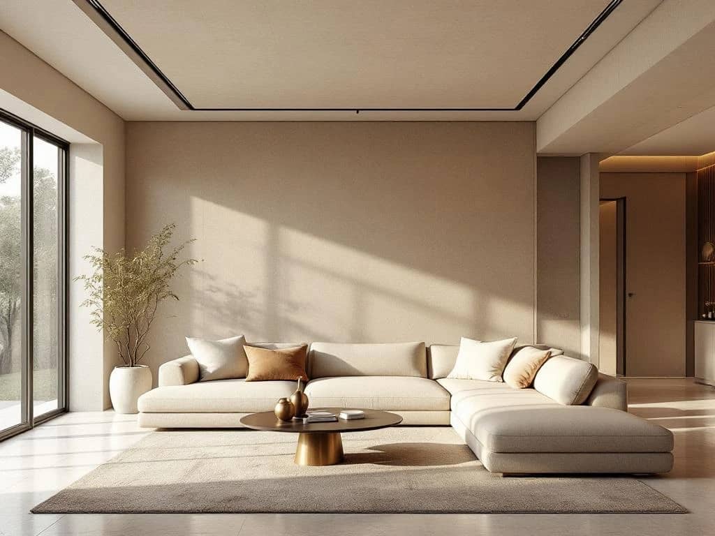 Luxueus minimalistisch woonkamerinterieur met elegante beige loungebank, marmeren vloer en bronzen kunstobject, badend in warm zonlicht.