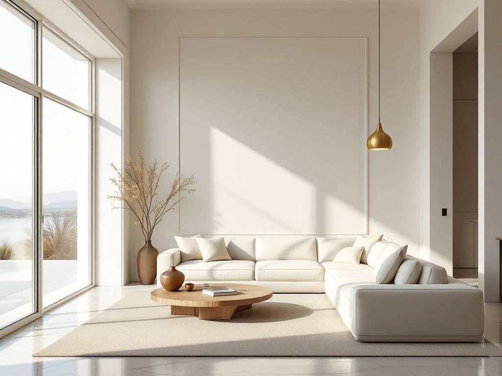 Lichte, minimalistische luxe woonkamer met designerbank, houten salontafel, marmeren vloer en raampartijen met uitzicht op rustig landschap.