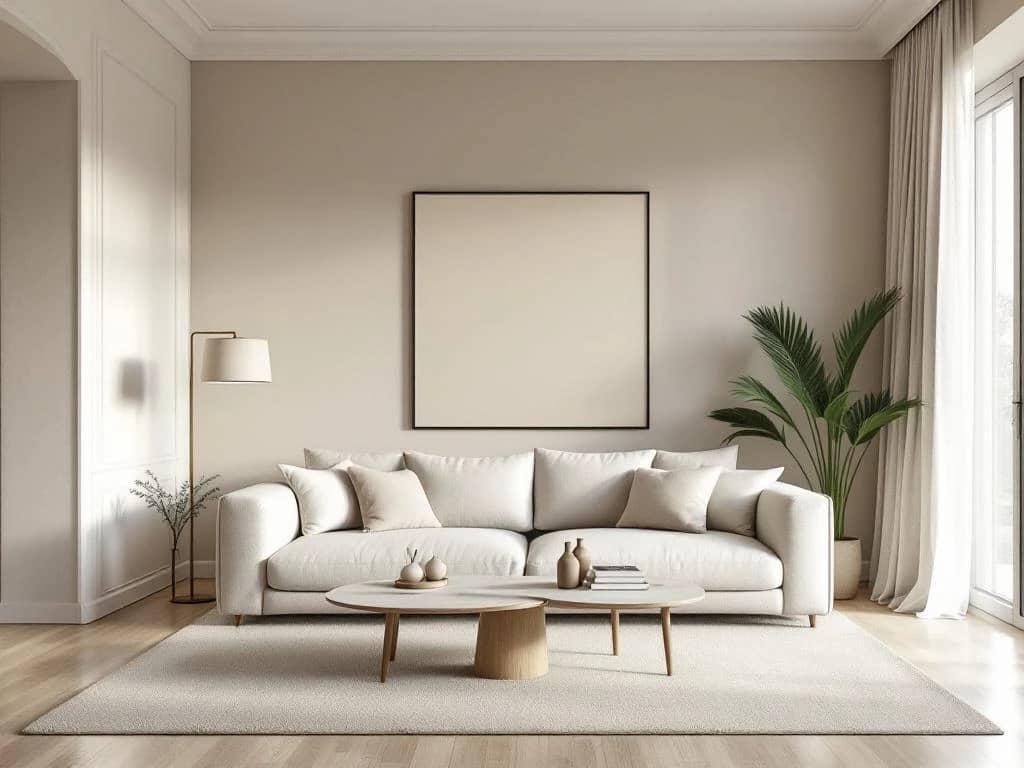 Minimalistische woonkamer met beige kleurenpalet, linnen sofa, marmeren salontafel en vloer-tot-plafond ramen die natuurlijk licht binnenlaten.