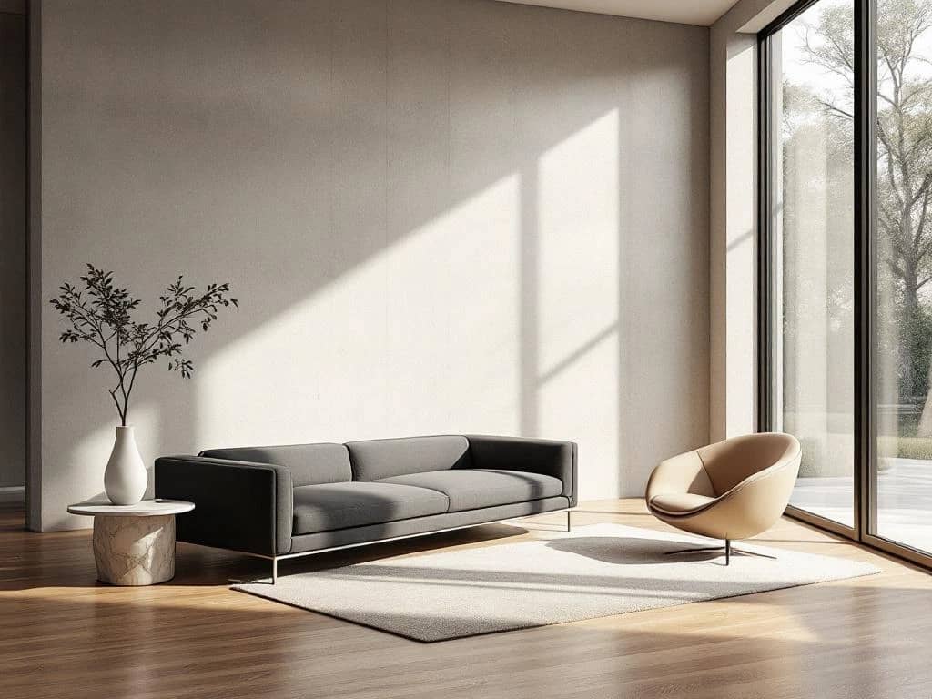 Minimalistische woonkamer met betonnen muur, eiken vloer, antracietkleurige bank en beige leren stoel, overgoten met natuurlijk licht.