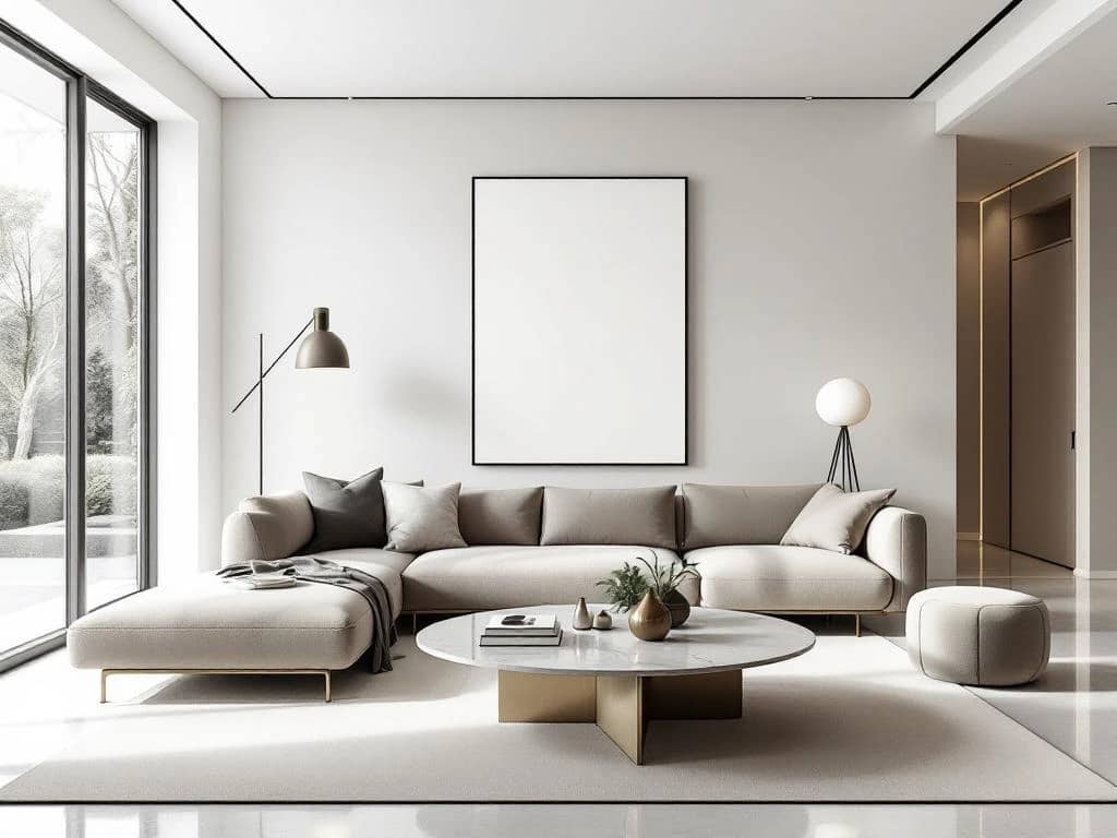 Minimalistische woonkamer met sculptuurlijke grijze designbank, marmeren salontafel, natuurlijk licht door grote ramen en één kunstwerk in luxe interieur.