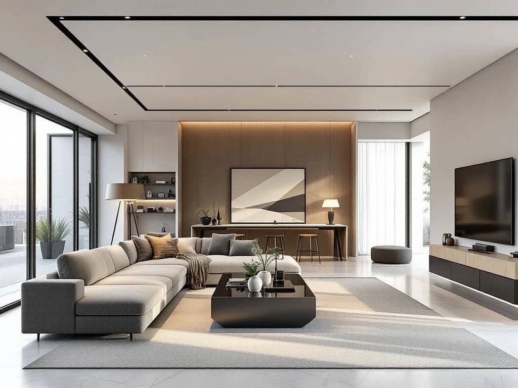 Elegante, open woonruimte met minimalistisch interieur in neutrale tinten, designbank, grote raampartijen en subtiele kunst- en groenaccenten.