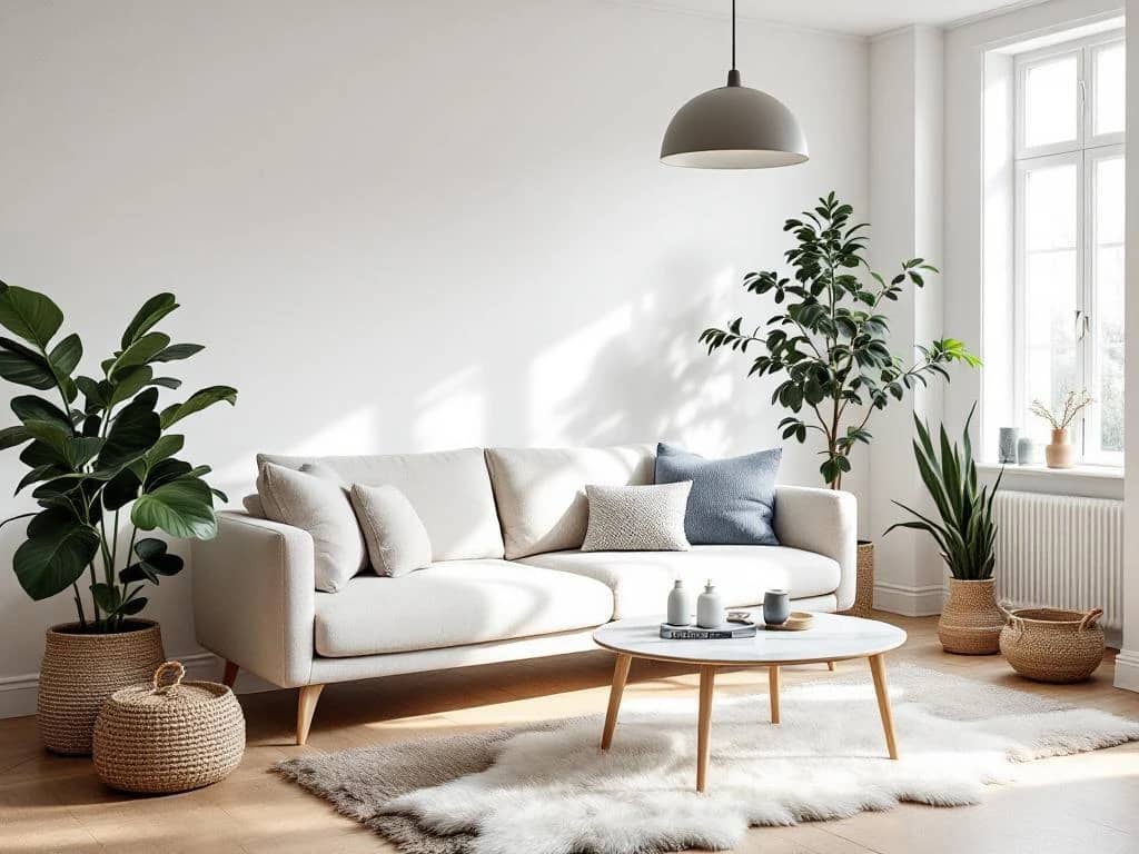 Lichte Scandinavische woonkamer met minimalistisch ontwerp, eiken vloer en beige bank. Kamerplant, marmeren tafel en schapenvel creëren een gezellige hygge-sfeer.