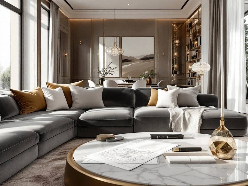 Luxe moderne woonkamer met fluwelen bank, marmeren salontafel met blauwdrukken en materiaalstalen, neutrale kleuren