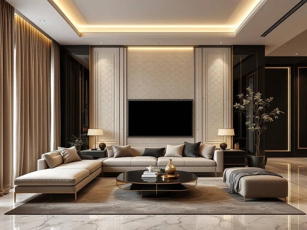 Luxe moderne woonkamer met akoestische wandpanelen, fluwelen gordijnen en marmeren oppervlakken in neutrale tinten