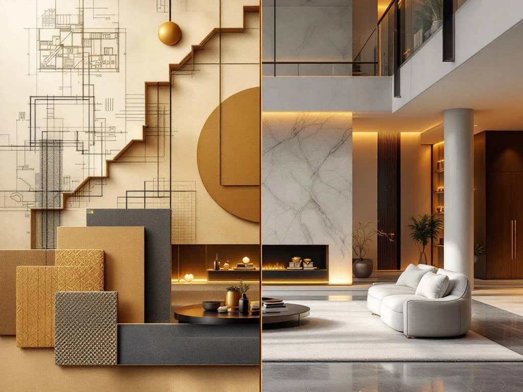 Moderne woonruimte met architecturale blauwdrukken en luxe interieurmaterialen in split-screen compositie