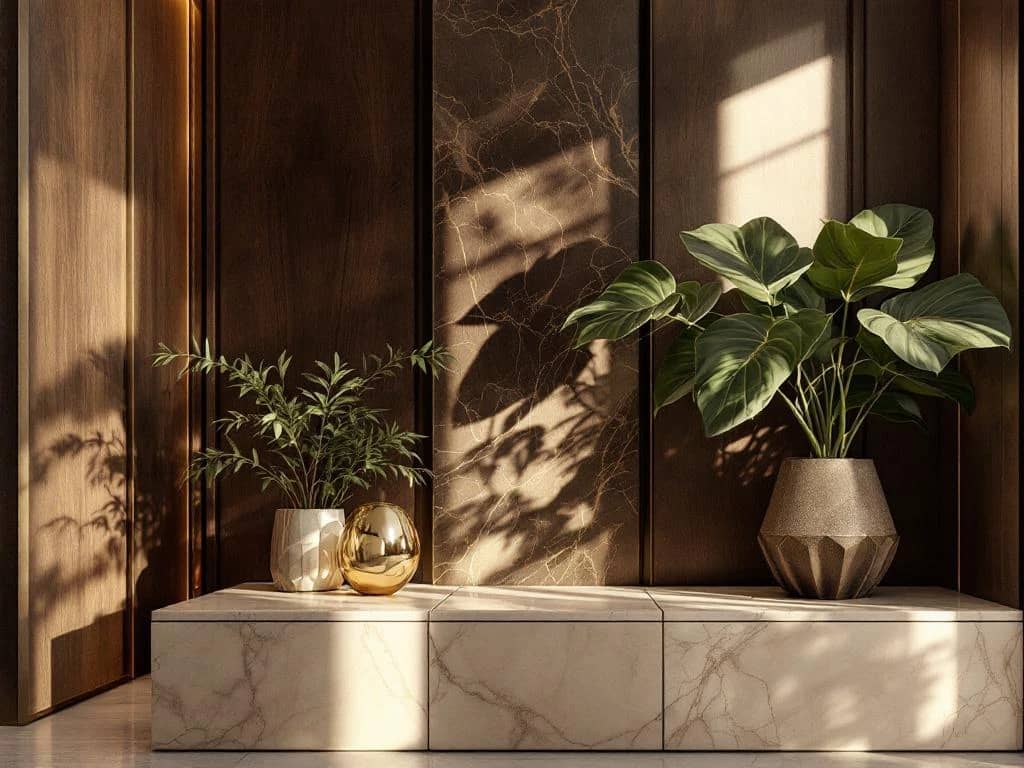 Luxe interieur met duurzame walnoot lambrisering, gerecycled marmer en planten in warme verlichting