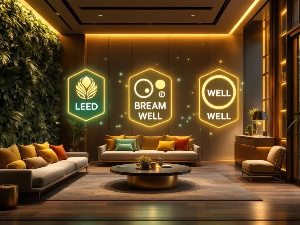 Luxueuze moderne interieur met duurzame materialen en zwevende LEED, BREEAM, WELL certificeringsbadges in groen-gouden licht