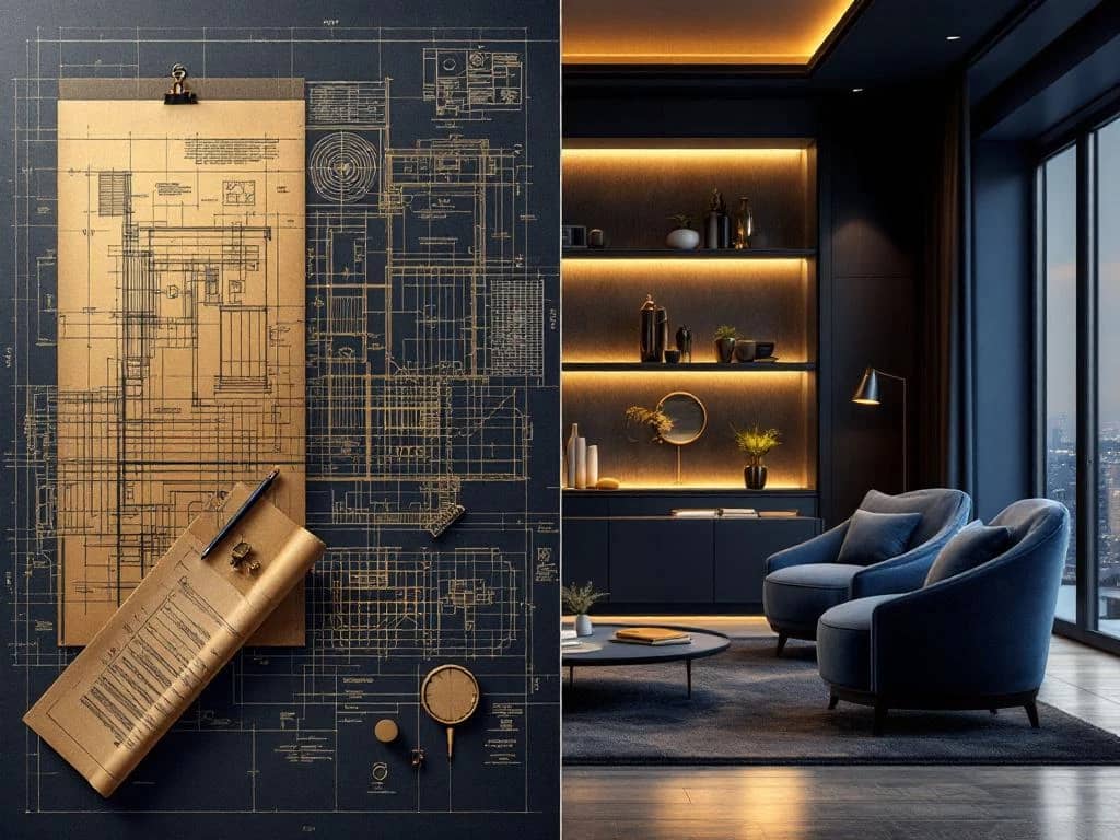 Architecturale blauwdrukken overgaand naar luxe modern interieur met ontwerptools, navy en goud kleurenpalet