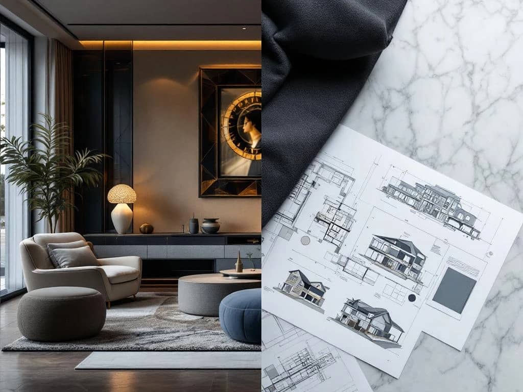 Interieurontwerp consultatie proces: moderne luxe woonkamer naast blauwdrukken en materiaalstalen op marmeren oppervlak