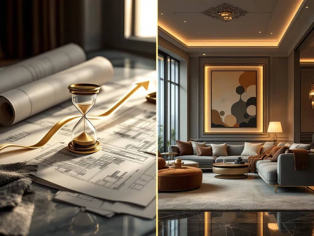 Interieurdesign tijdlijn van consultatie met blauwdrukken en stalen naar luxe afgewerkte woonkamer met gouden pijl