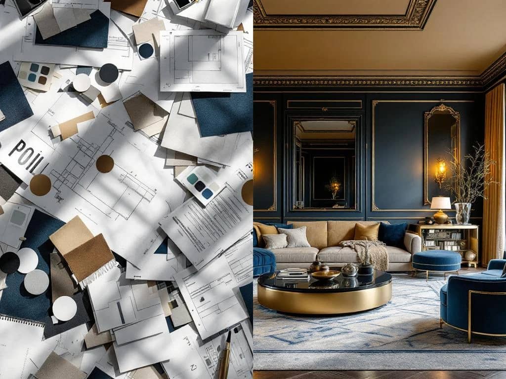 Voor-en-na vergelijking van interieurontwerp: chaotische materiaalstalen links, elegante luxe woonkamer rechts