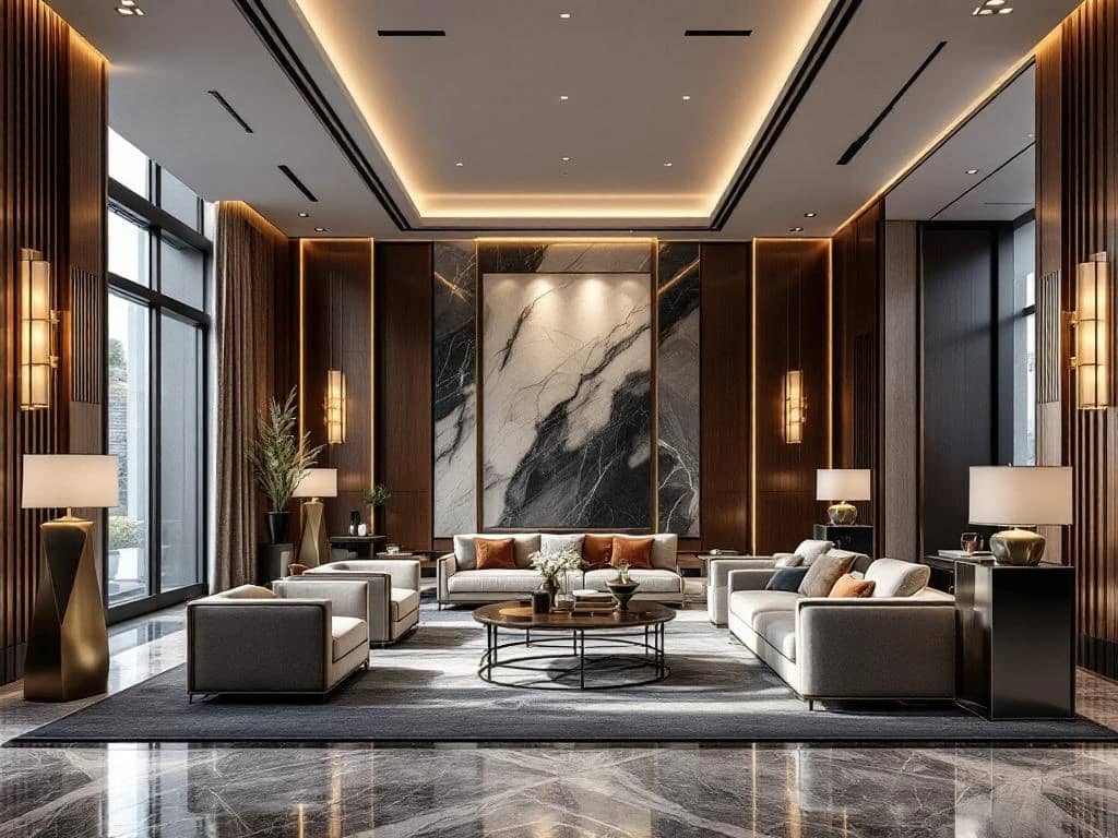 Luxueuze commerciële lobby met marmeren vloeren, houten panelen, elegante meubels en dramatische verlichting