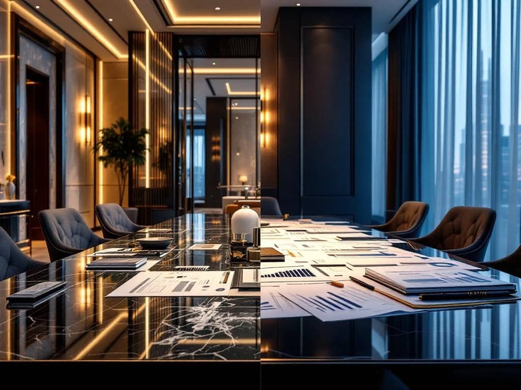 Luxe kantoorinterieur met marmeren lobby en designmeubels naast bouwplannen en budgetdocumenten op conferentietafel