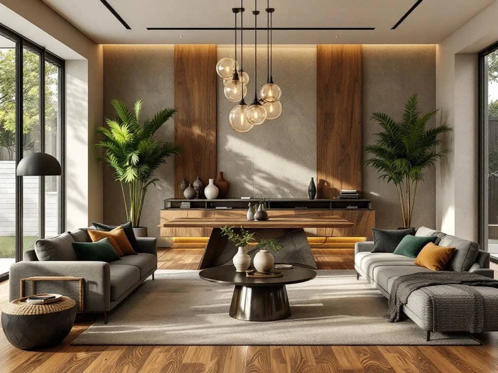 Luxe moderne woonkamer met gerecyclede houten eettafel, bamboe vloer en natuursteen muur in aardetinten