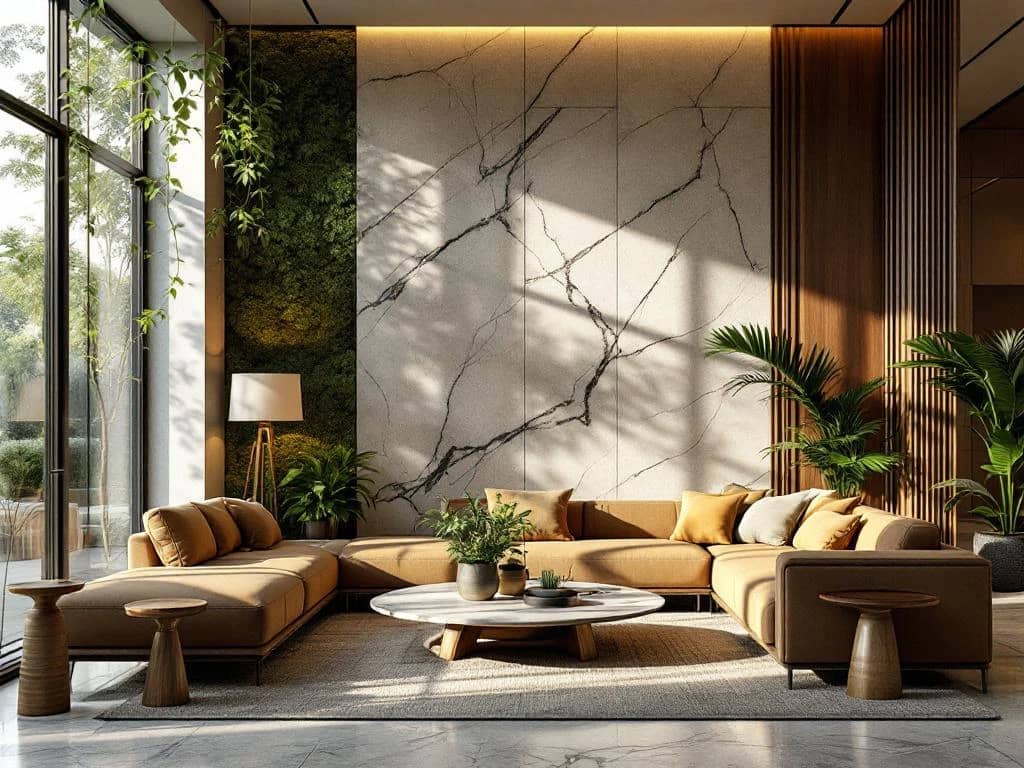 Luxe moderne woonkamer met duurzame FSC-walnotenhout meubels, levende moswanden en gerecycleerd marmer in aardetinten