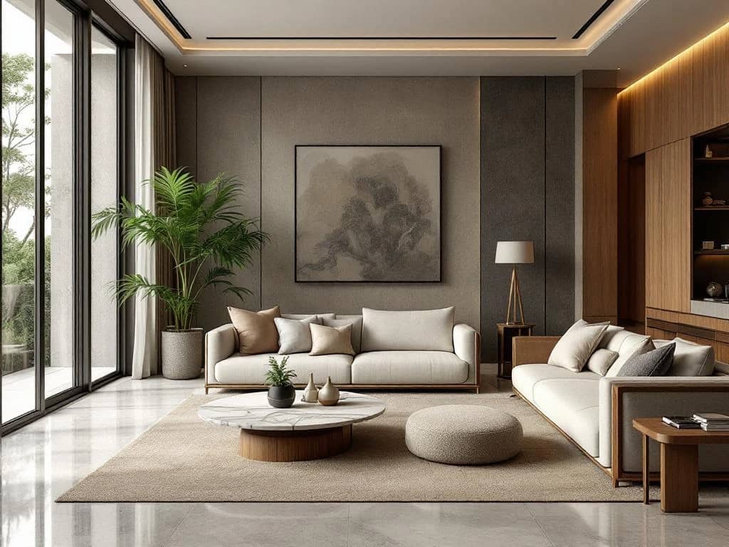 Luxe moderne woonkamer met duurzame FSC-walnotenhout meubels, bamboe wandpanelen en energiezuinige LED-verlichting