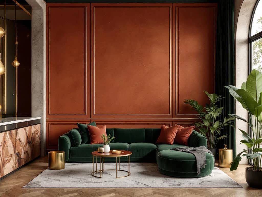 Luxe interieur met terracotta muren, smaragdgroene fluwelen meubels en gouden messing accenten in 2025 kleurtrends