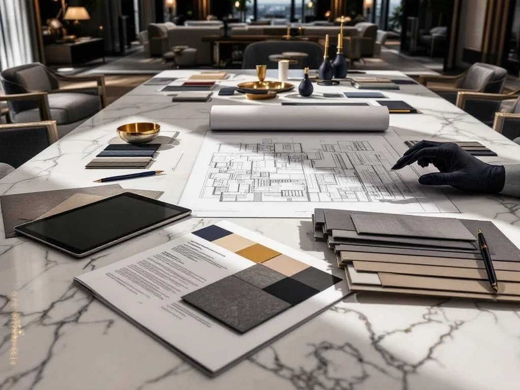 Luxe interieuradvies sessie met marmeren tafel, blauwdrukken, materiaalstalen en tablet in moderne designruimte