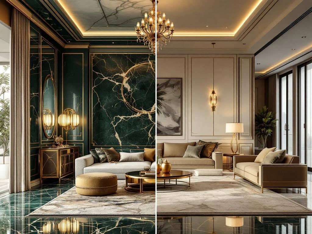 Luxe woonkamer met marmeren oppervlakken en gouden accenten naast standaard kamer met basismeubilair