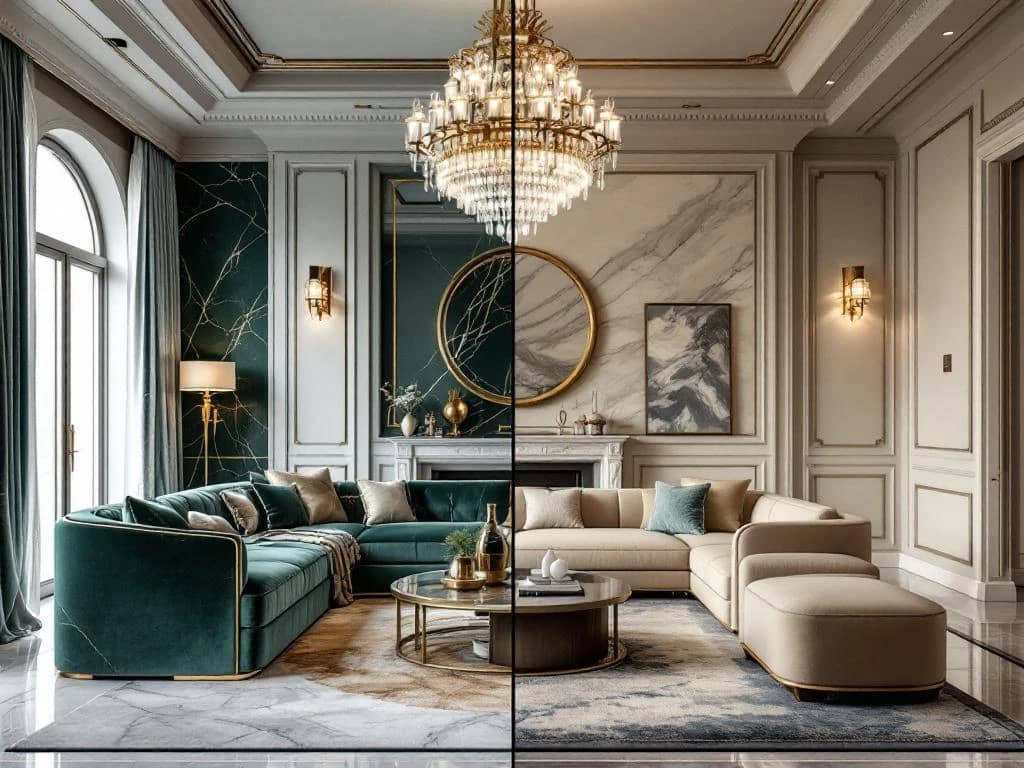 Luxe woonkamer met marmeren oppervlakken en kristallen kroonluchter naast eenvoudige kamer met standaardmeubilair