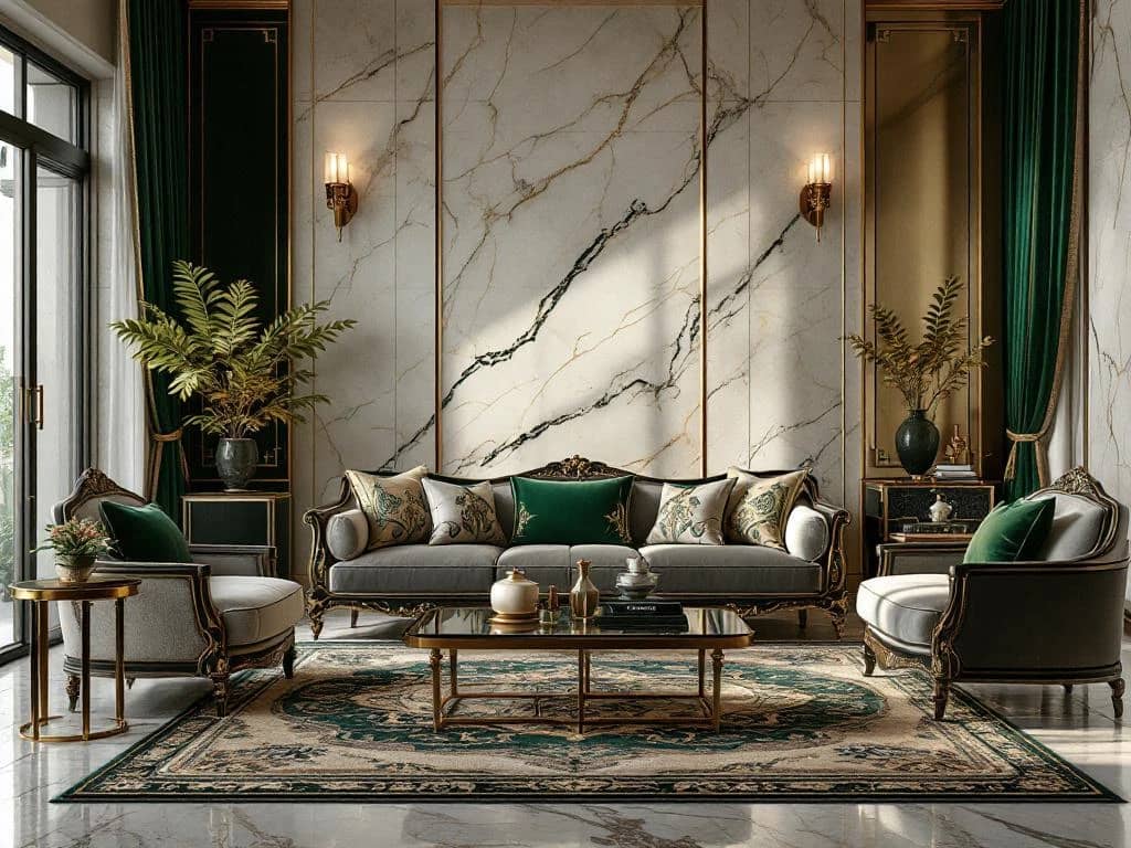 Luxueuze woonkamer met marmeren oppervlakken, exotisch houten meubilair en zijden kussens in smaragdgroen en goud